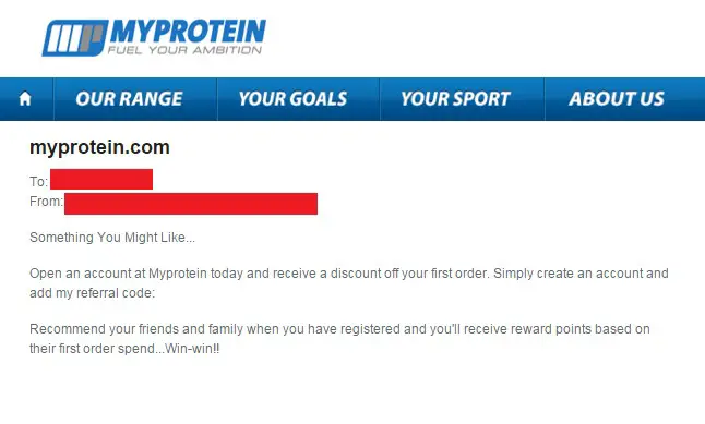 myprotein discount code: refer a friend confirmation e-mail