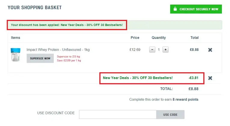 red successful boxes showing application of a myprotein discount code